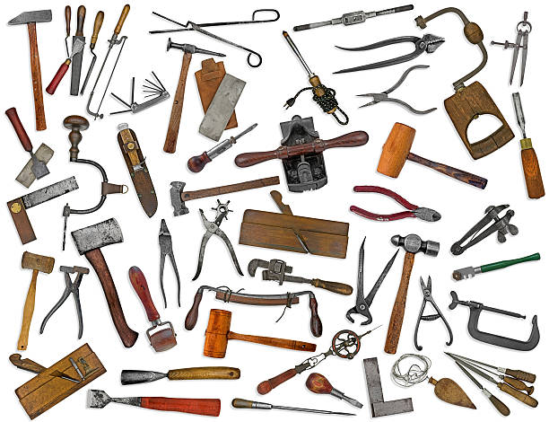 outils vintage mix collage sur blanc - saw old fashioned mechanic antique photos et images de collection