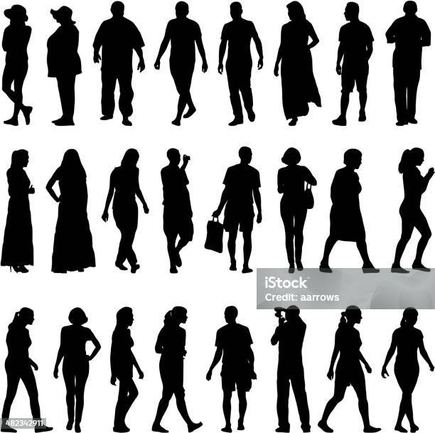 Black Silhouettes Of Beautiful Mans And Womans Stock Illustration - Download Image Now - Walking, Women, Black Color