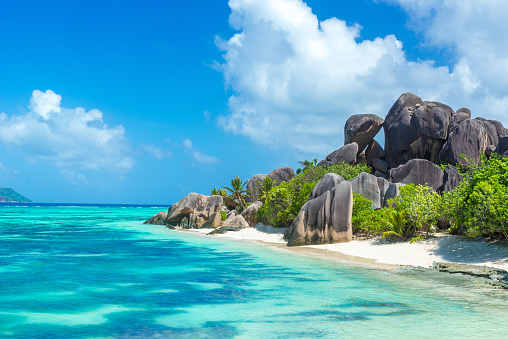 Exotic destination in Seychelles - Anse Source d'Argent - beautiful beach on tropical island La Digue