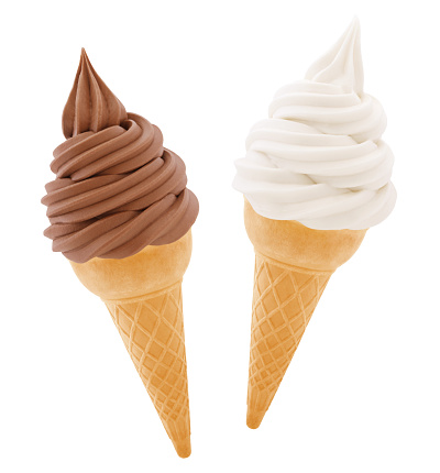 Vanilla and Chocolate Soft Serve Ice Cream Cones isolated on white