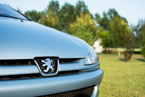 Subotica, Serbia - July 23, 2015: Front of a Blue Peugeot 206 coupe cabriolet, manufactured in 2004. Photographed on a nice sunny day in a park. In focus is Peugeot logo. In the background is forest.