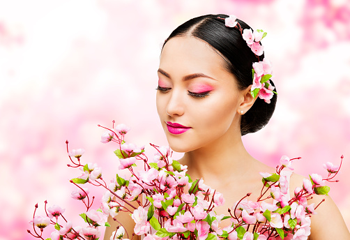 Woman Flowers Bunch Pink Sakura, Girl Makeup Beauty Portrait, Asian Model Fashion Face Make-up, Floral Background