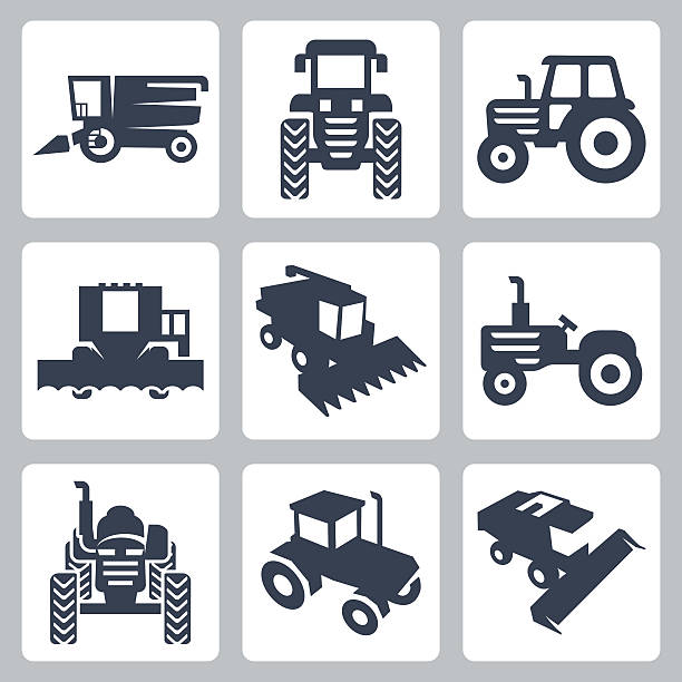 wektor puste ciągnika i kombajn zbożowy ikony - isometric combine harvester tractor farm stock illustrations