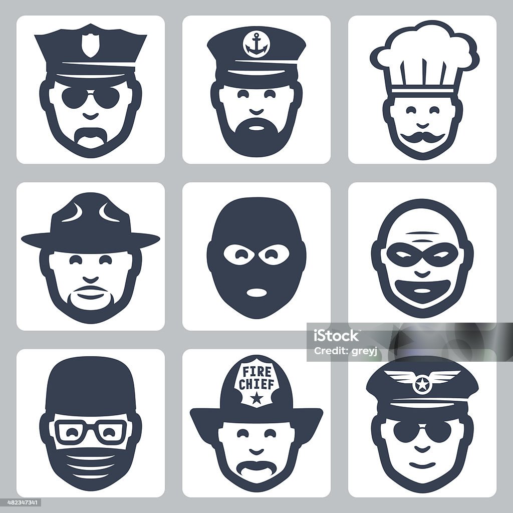 Vector profession icons set #3 Vector avatar/profession/occupation icons set: police officer, captain, chef, ranger, anti-terrorist, robber, surgeon, fireman, pilot Adult stock vector