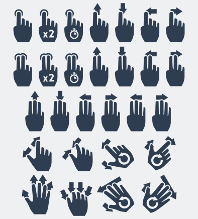 Vector touch screen gestures icons: tap, press and hold, swipe, spread, pinch, rotate