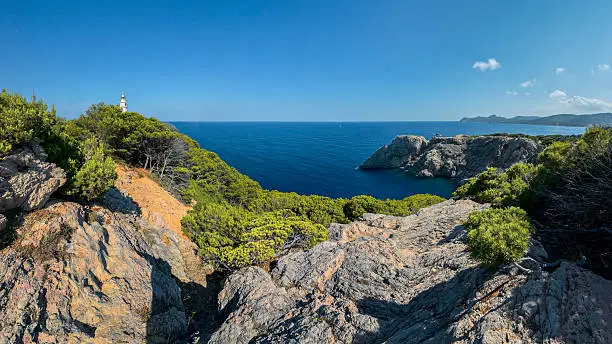 Light House, Punta de Capdpera, Majorca, Spain, a fragment of coast, panorama