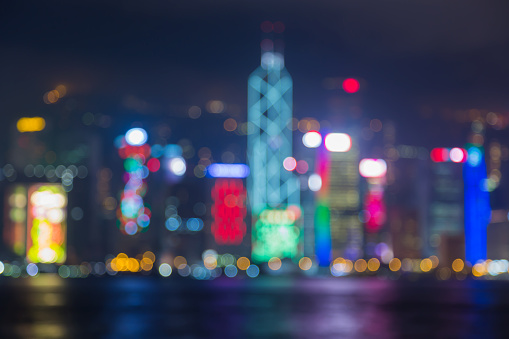 Abstract blurred bokeh of Hong Kong business park at night