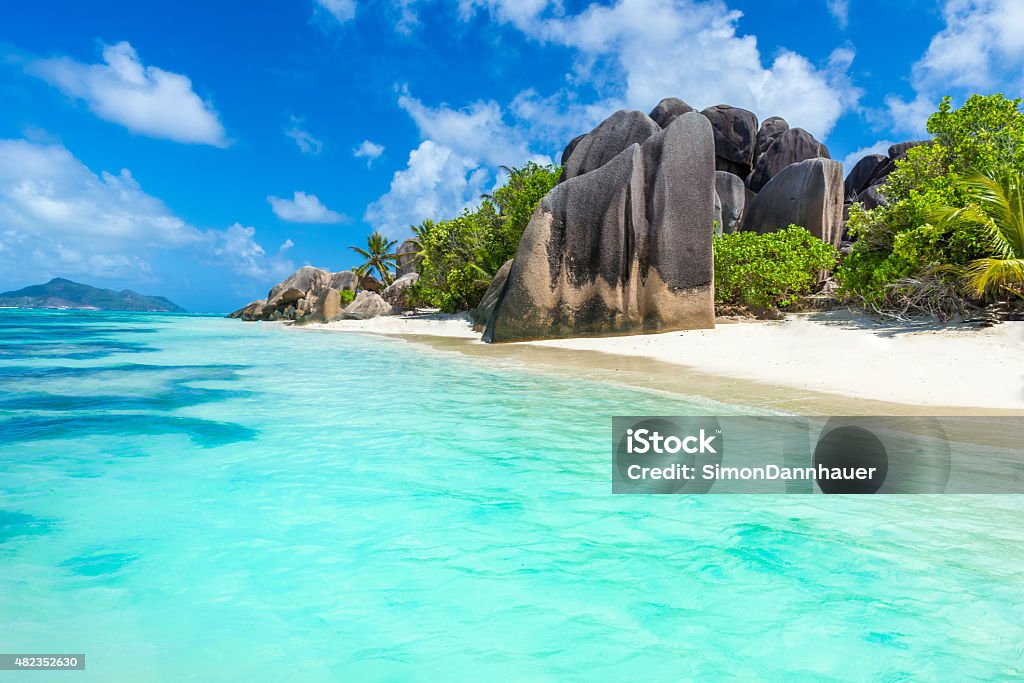 Anse Source d'Argent - beach on island in Seychelles Exotic destination in Seychelles - Anse Source d'Argent - beautiful beach on tropical island La Digue Sea Stock Photo
