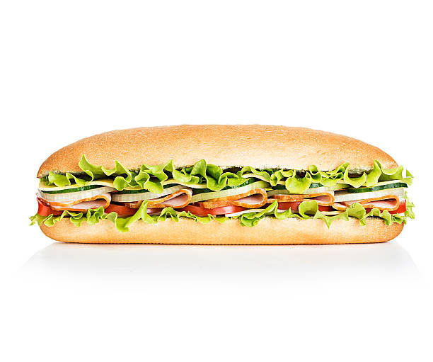royal-sandwich, isoliert auf weißem hintergrund - sandwich submarine sandwich ham bun stock-fotos und bilder