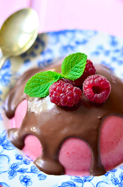 Raspberry pannacotta with chocolate.