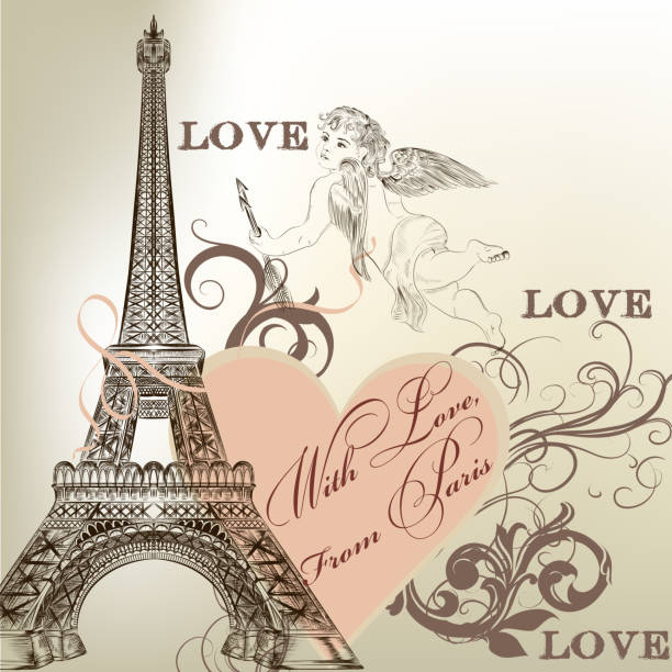 Greeting Valentine card with detailed vector Eiffel tower Vintage vector card with Eiffel tower for design paris fashion stock illustrations