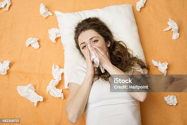 Sick Woman Stock Photo - Download Image Now - Adult, Bed - Furniture, Bedroom