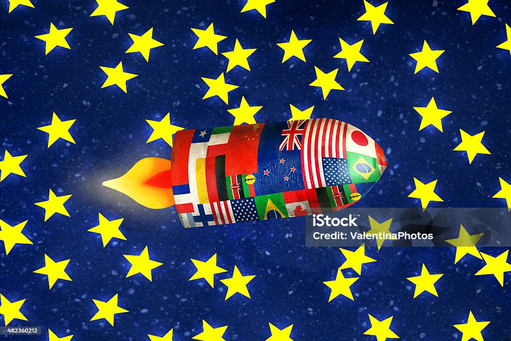Galactic Travel Fun illustration of a spaceship with all the flags of the nations in interstellar travel 2015 Stock Photo