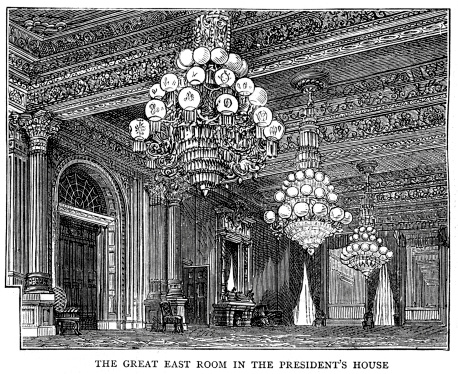 Vintage engraving of the Great East Room, White House. The Graphic, 1876.