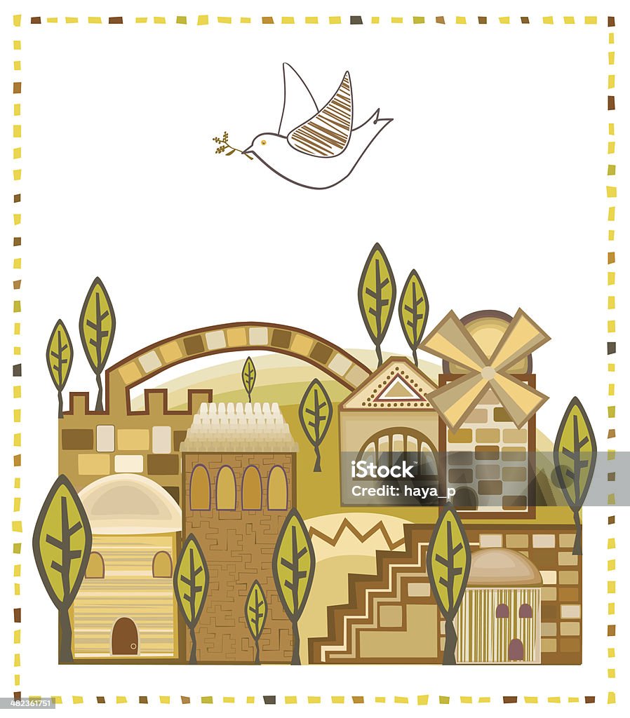 Colomba volando sopra la città di Gerusalemme - arte vettoriale royalty-free di Capodanno ebraico