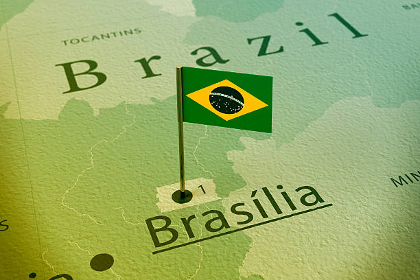 3D Render of a Brazil Flag Pin at the Position of the City of Brasilia on a Map of Brazil. Vintage Color Style. Very high resolution available!
