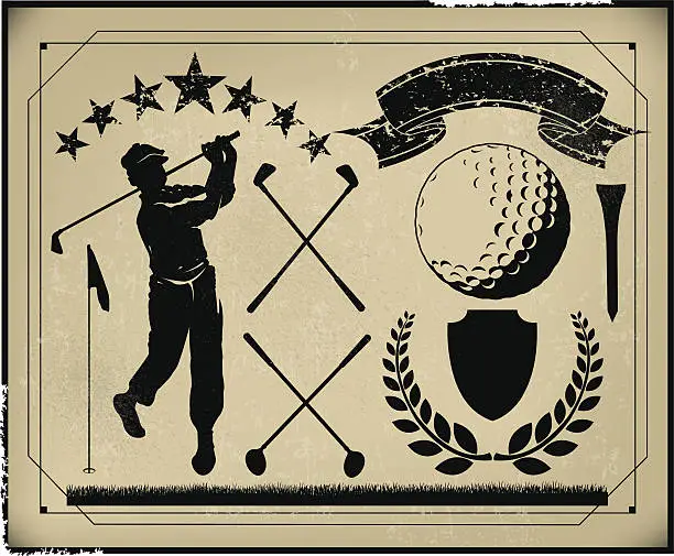 Vector illustration of Golf Retro Poster Background Items, Golfer, Club, Sports Ball