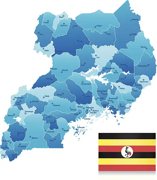 Vector illustration of Map of Uganda - states, cities, flag and icons