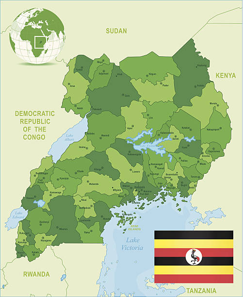 緑の地図ウガンダ-国、都市とフ�ラグ - lake victoria点のイラスト素材／クリップアート素材／マンガ素材／アイコン素材