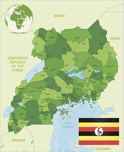 Green Map of Uganda - states, cities and flag Highly detailed vector map of Uganda with states, capitals and big cities. uganda stock illustrations