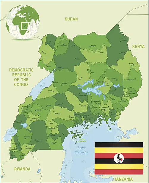 Vector illustration of Green Map of Uganda - states, cities and flag