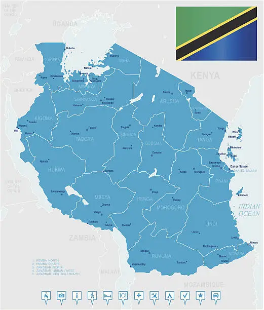 Vector illustration of Map of Tanzania - states, cities, flag, navigation icons