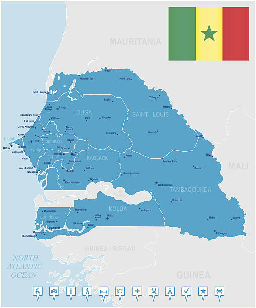 ilustrações, clipart, desenhos animados e ícones de mapa do senegal-membros, cidades, bandeira, ícones de navegação - senegal dakar region africa map