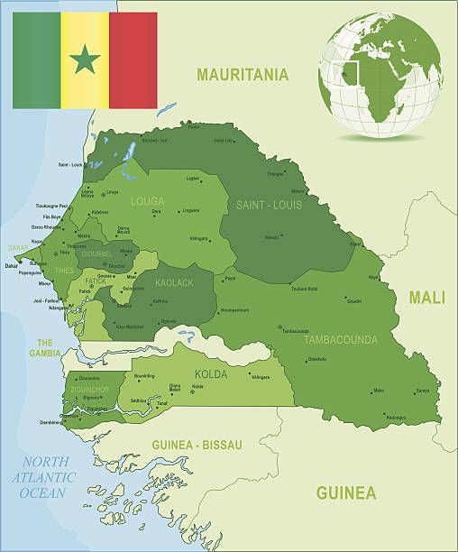 illustrazioni stock, clip art, cartoni animati e icone di tendenza di verde mappa del senegal-membri, città e bandiera - dakar region