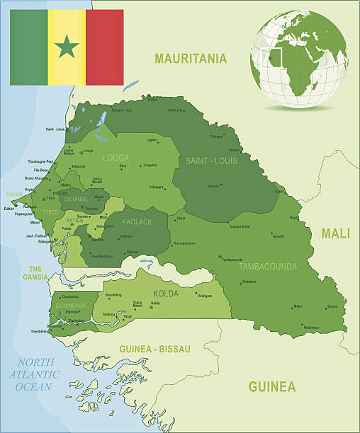 Green Map of Senegal - states, cities and flag Highly detailed vector map of Senegal with states, capitals and big cities. mauritania stock illustrations
