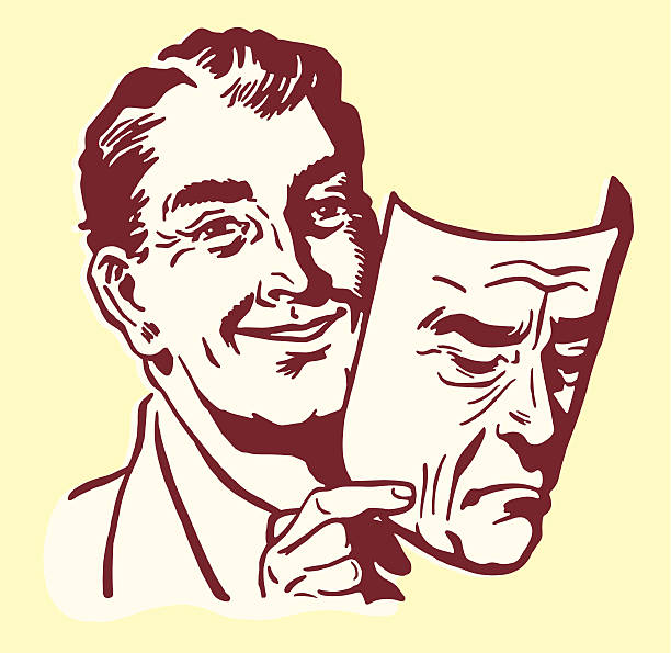 ilustrações, clipart, desenhos animados e ícones de homem segurando uma máscara humanos - happy sad face man