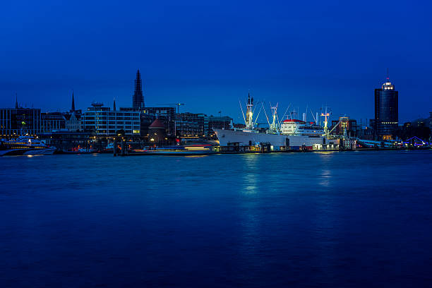 blue hour at harbor Hamburg in Germany.