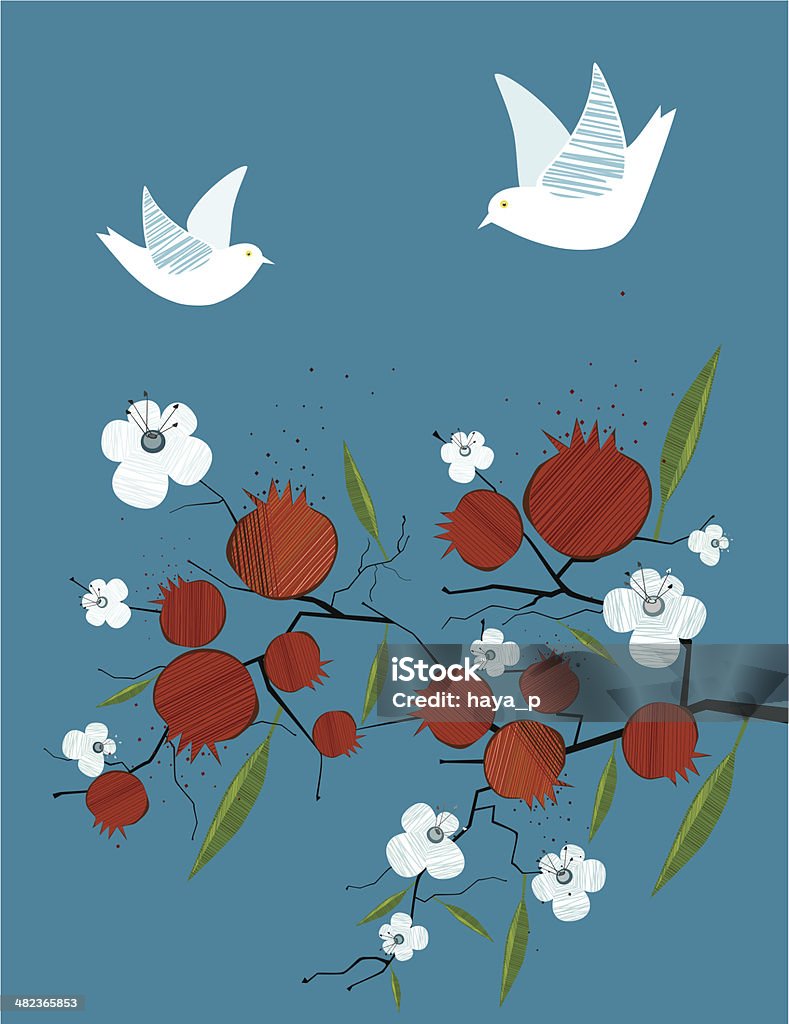 Pomegranate, Dove, Flowers On Blue Background All main elements are grouped and rendered complete for seperate use. Zipped *. ai CS3, PDF is attached.  Dove - Bird stock vector