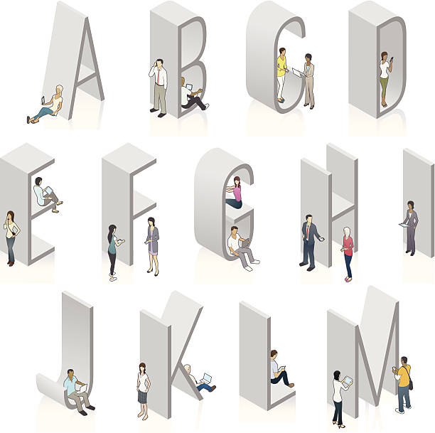 illustrations, cliparts, dessins animés et icônes de illustration 3d de lettres personnes à l'aide d'appareils mobiles - letter m alphabet three dimensional shape render