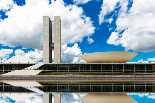 Brasilia, Brazil - March 24, 2015: The famous Brazilian National Congress in Brasilia, Brazil. The building was designed by Oscar Niemeyer in the modern Brazilian style.