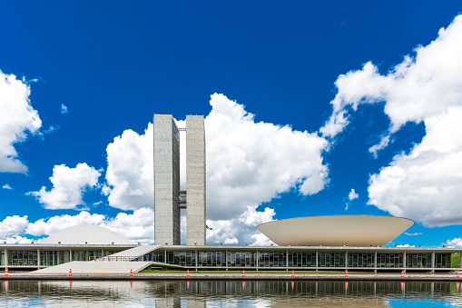 Brasilia, Brazil - March 24, 2015: The famous Brazilian National Congress in Brasilia, Brazil. The building was designed by Oscar Niemeyer in the modern Brazilian style.