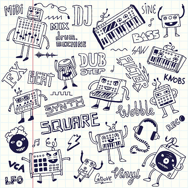 ilustraciones, imágenes clip art, dibujos animados e iconos de stock de música electrónica.  conjunto de garabatos.  escuela portátil. - drum & bass