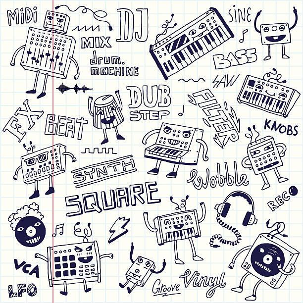 ilustrações, clipart, desenhos animados e ícones de música eletrônica.  doodle série.  caderno escolar. - rythm