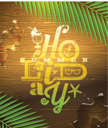 Summer holidays type design painted on wooden surface and palm tree branches - vector illustration.