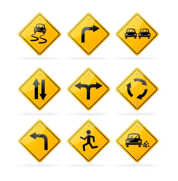 Vector illustration of Vector yellow road traffic signs set