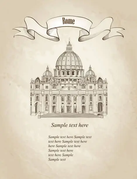 Vector illustration of Rome landmark over old paper background. St. Peter's Cathedral, Rome, Italy.