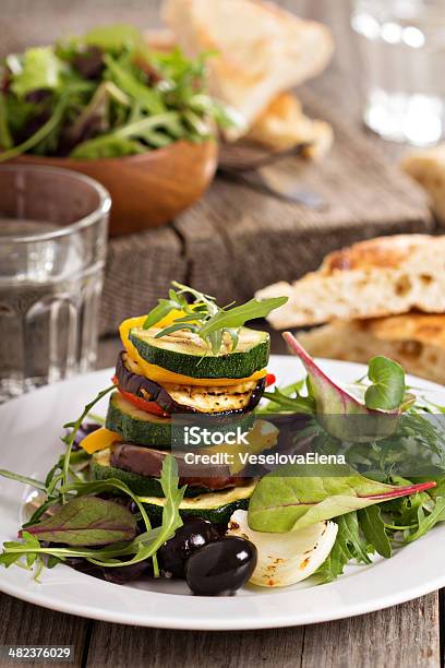 Grilled Vegetables Stacked On Plate Stock Photo - Download Image Now - Appetizer, Barbecue - Meal, Barbecue Grill