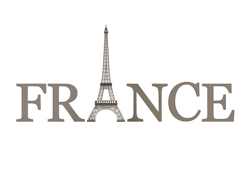 Eiffel Tower with France Text isolated on white background. 3D render