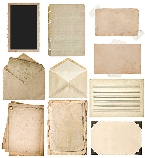 istock Used paper sheets set. Vintage book pages, photo frames, envelope. 482378930