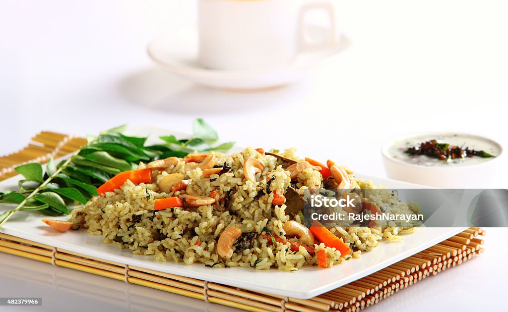 veg pulav South Indian dish veg pulav Rice with side dishes. Food Stock Photo
