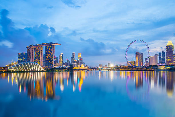 skyline di singapore marina bay e vista al crepuscolo - singapore city foto e immagini stock