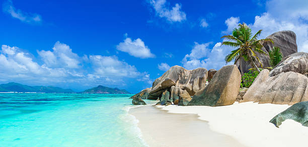 anse źródło d'argent-plaża na wyspie w seszele - seychelles sea lagoon tropical climate zdjęcia i obrazy z banku zdjęć