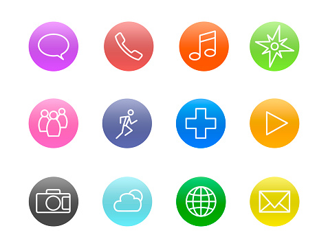 Smartphone apps icons including health monitor, texting, telephone, music player, maps, social media, exercise, health monitoring, video player, camera, weather, internet browser and email