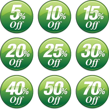 A series of badges representing a shopping sale discount at various percentages (5%, 10%, 15%, 20%, 25%, 30%, 40%, 50%, 70%)