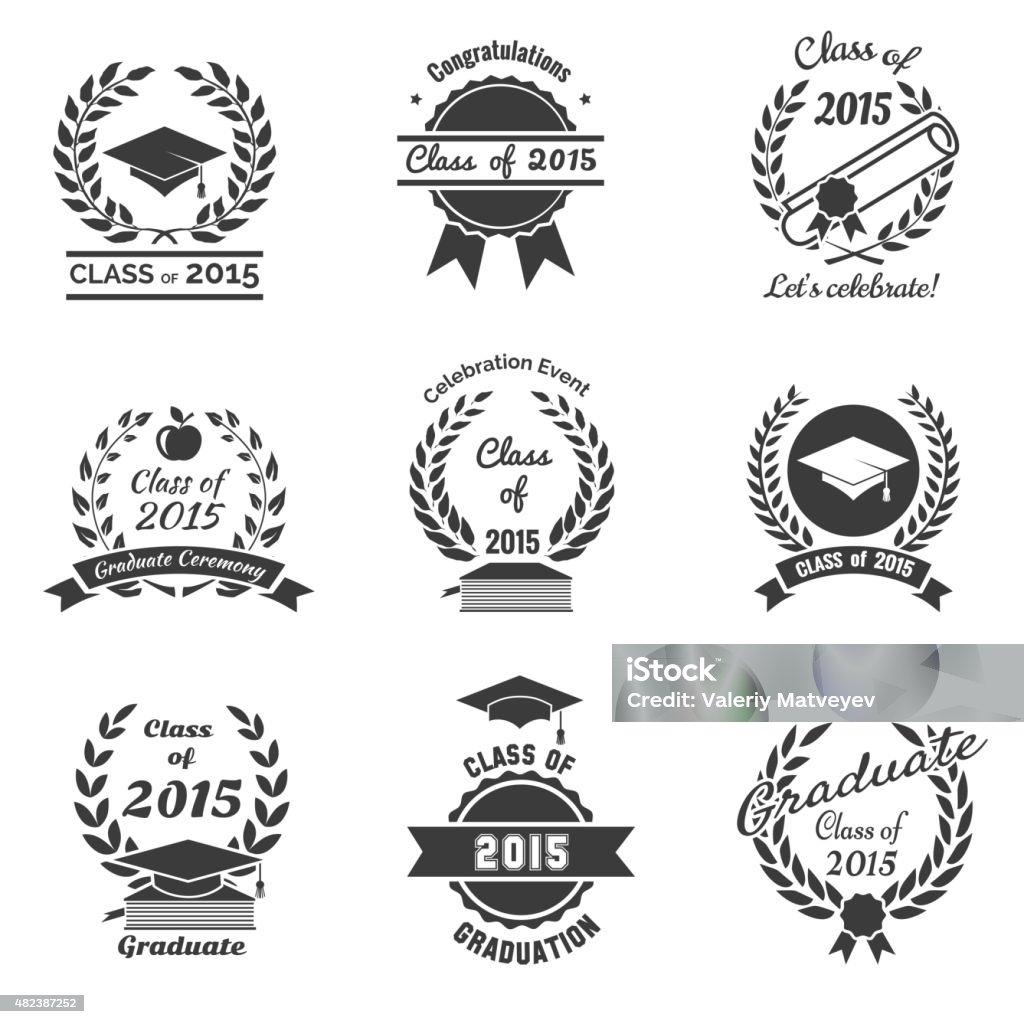 Graduation labels. High School and congratulations graduate logo set Graduation labels. High School and congratulations graduate logo set. College study, diploma and hat design. Vector illustration Diploma stock vector