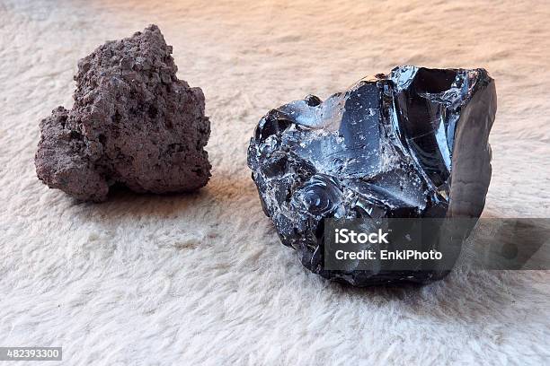 Lava Stone And Black Obsidian Stone Stock Photo - Download Image Now - Obsidian, Lipari Island, Black Color